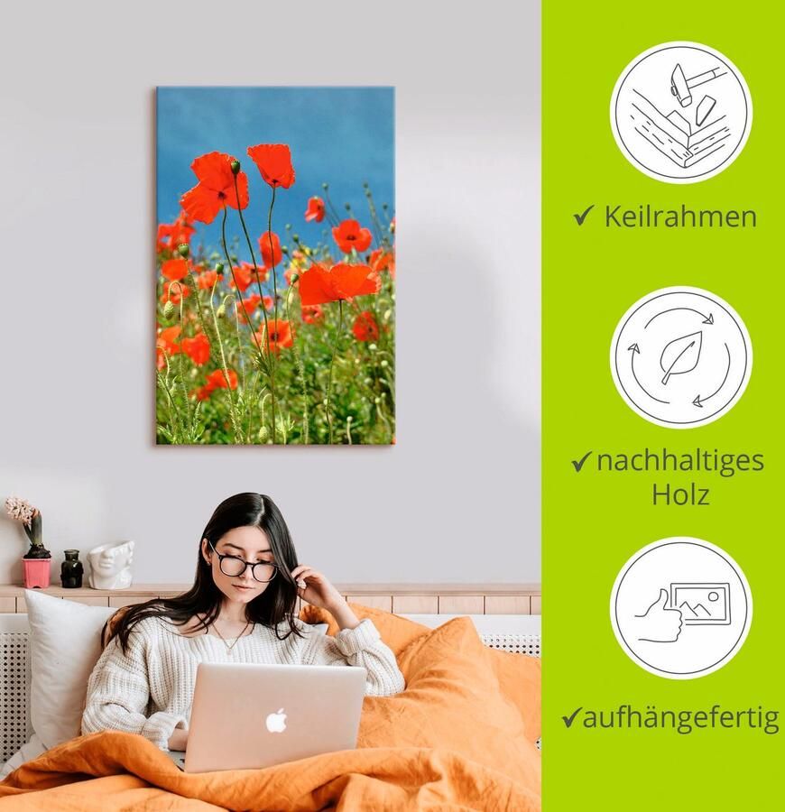 Artland Artprint op linnen Veld met rode klaproos gespannen op een spieraam