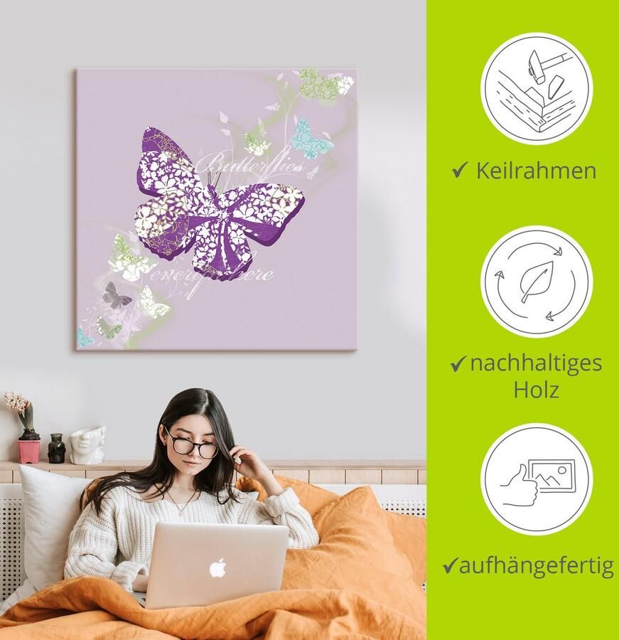 Artland Artprint op linnen Vlinders in violet gespannen op een spieraam - Foto 2