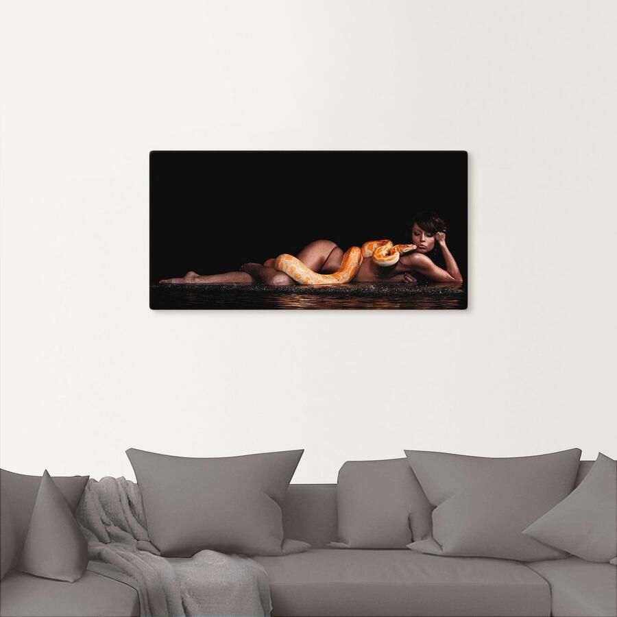 Artland Artprint op linnen Vrouw in water liggend met python