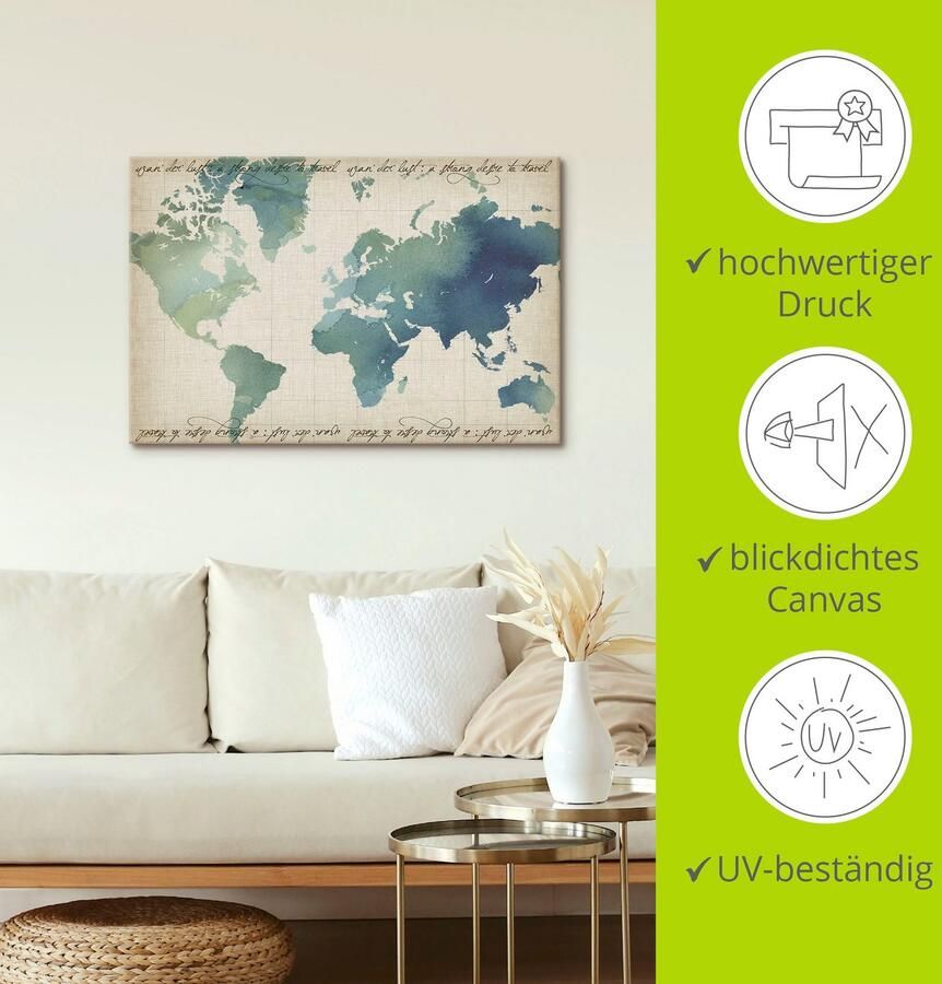 Artland Artprint op linnen Waterverf wereldkaart gespannen op een spieraam - Foto 3