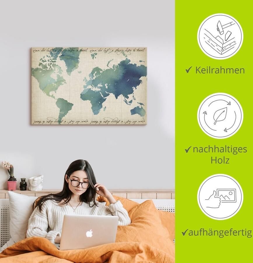 Artland Artprint op linnen Waterverf wereldkaart gespannen op een spieraam - Foto 2