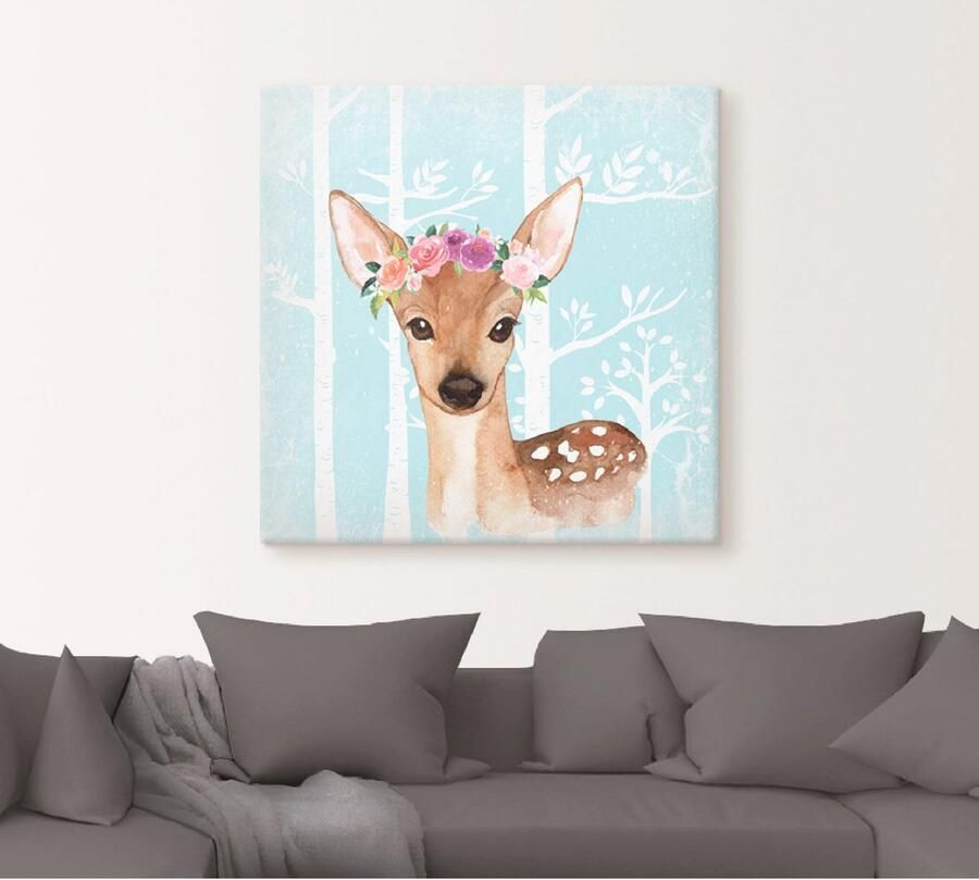 Artland Artprint op linnen Wild ree met bloemen in blauw bos - Foto 4