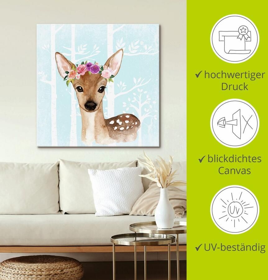 Artland Artprint op linnen Wild ree met bloemen in blauw bos - Foto 2