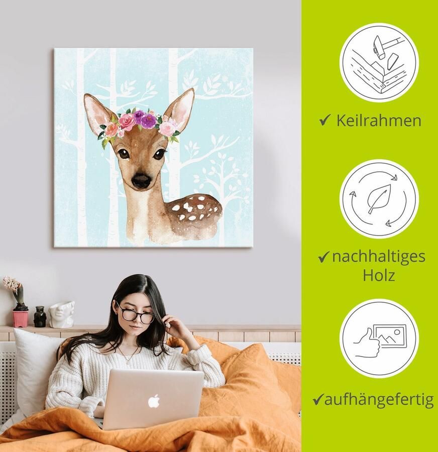 Artland Artprint op linnen Wild ree met bloemen in blauw bos