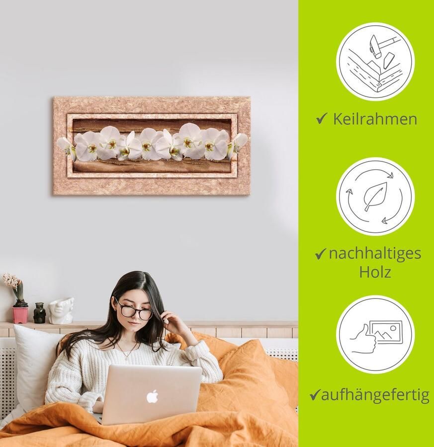 Artland Artprint op linnen Witte orchideeën bruin goudkleur