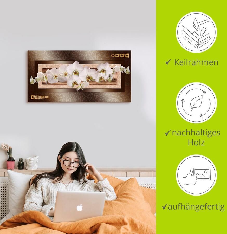 Artland Artprint op linnen Witte orchideeën met goudkleurige vierkanten