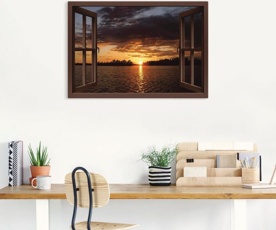 Artland Artprint op linnen Zonsondergang aan het meer bruine raam - Foto 4