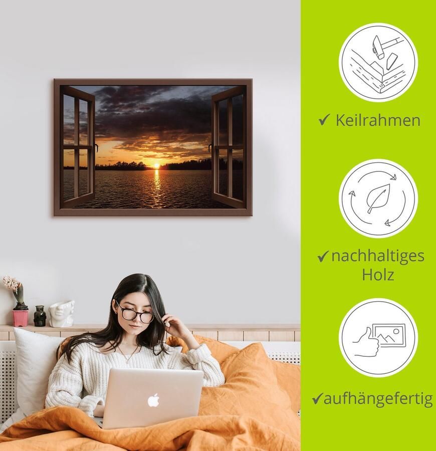 Artland Artprint op linnen Zonsondergang aan het meer bruine raam - Foto 2