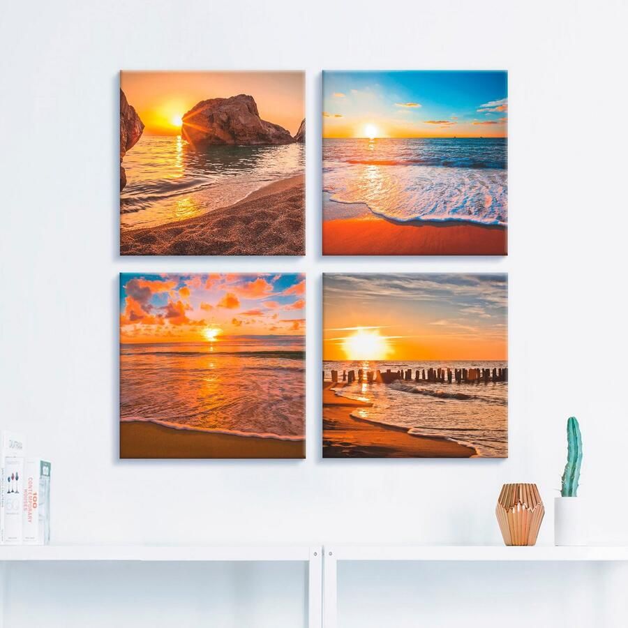 Artland Artprint op linnen Zonsondergangen aan het strand & zee (4-delig)
