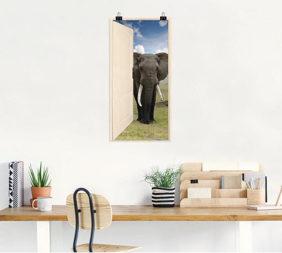 Artland Artprint Open witte deur met blik op olifant als artprint op linnen poster muursticker in verschillende maten - Foto 6