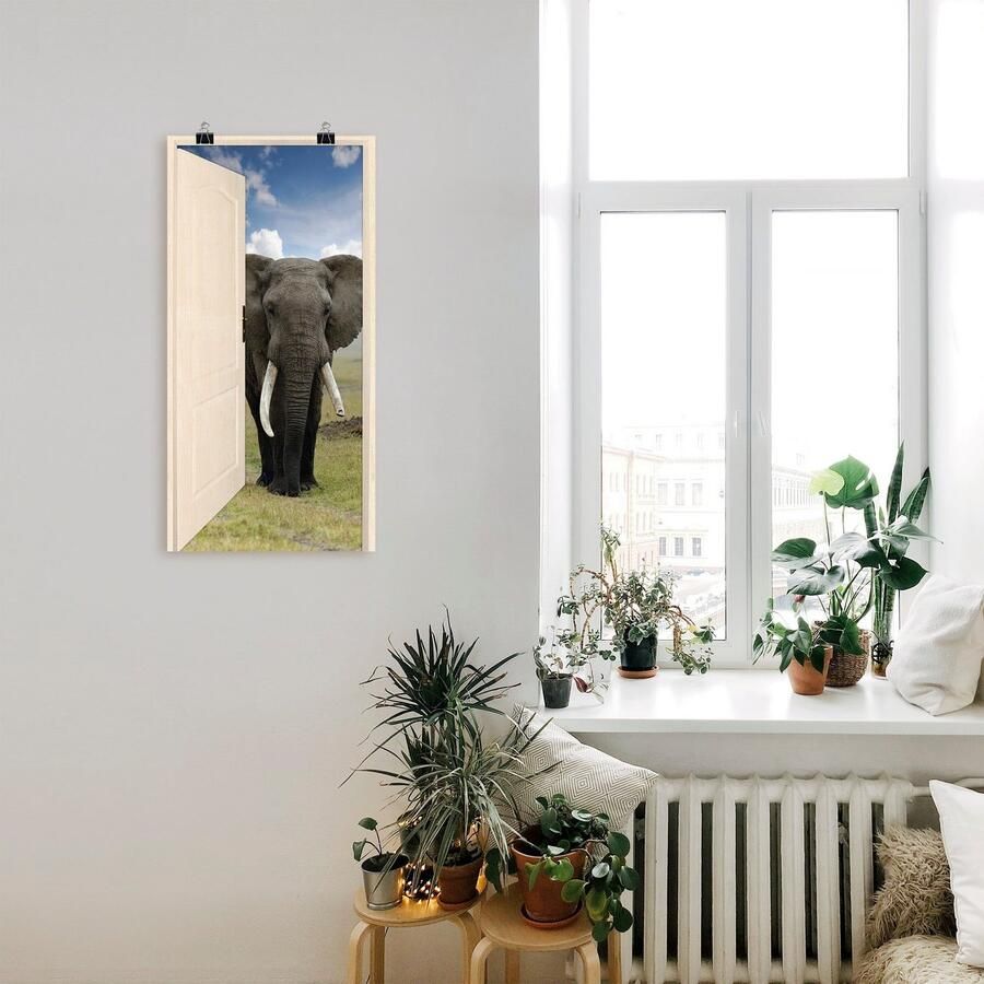 Artland Artprint Open witte deur met blik op olifant als artprint op linnen poster muursticker in verschillende maten - Foto 3