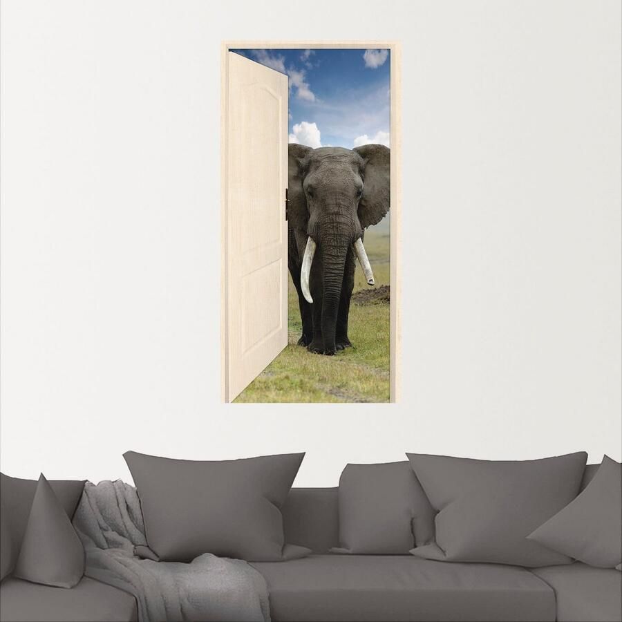 Artland Artprint Open witte deur met blik op olifant als artprint op linnen poster muursticker in verschillende maten - Foto 2