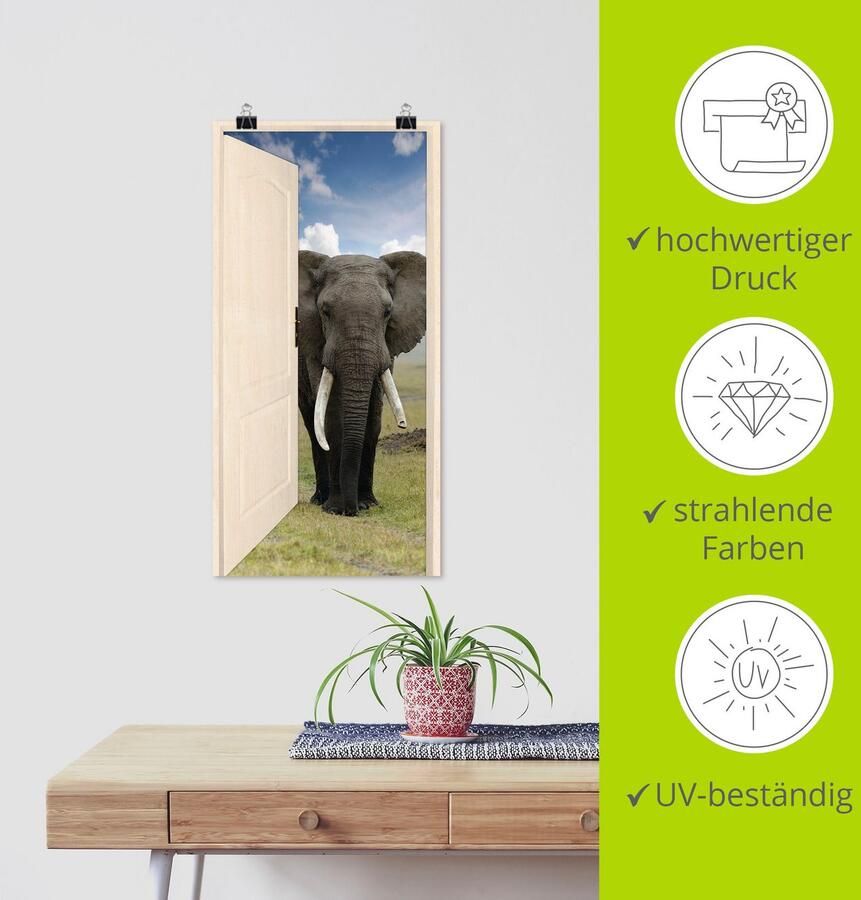 Artland Artprint Open witte deur met blik op olifant als artprint op linnen poster muursticker in verschillende maten - Foto 5