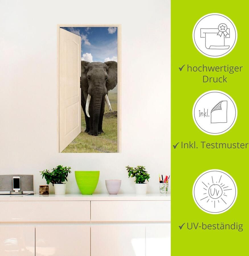 Artland Artprint Open witte deur met blik op olifant als artprint op linnen poster muursticker in verschillende maten - Foto 3