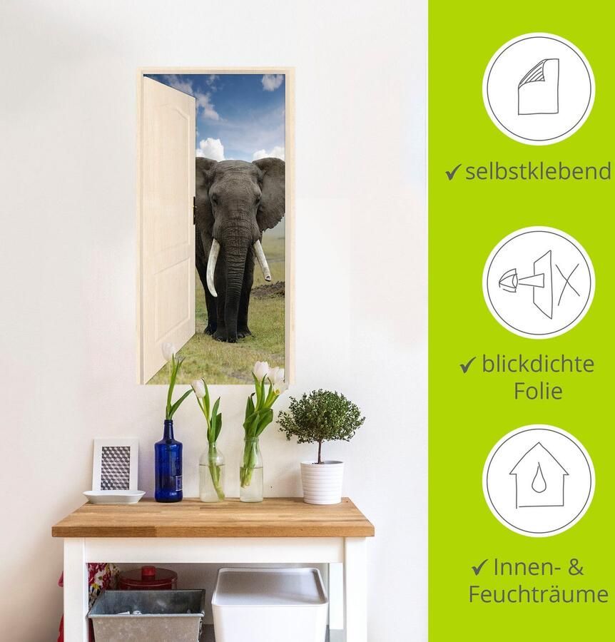 Artland Artprint Open witte deur met blik op olifant als artprint op linnen poster muursticker in verschillende maten - Foto 4