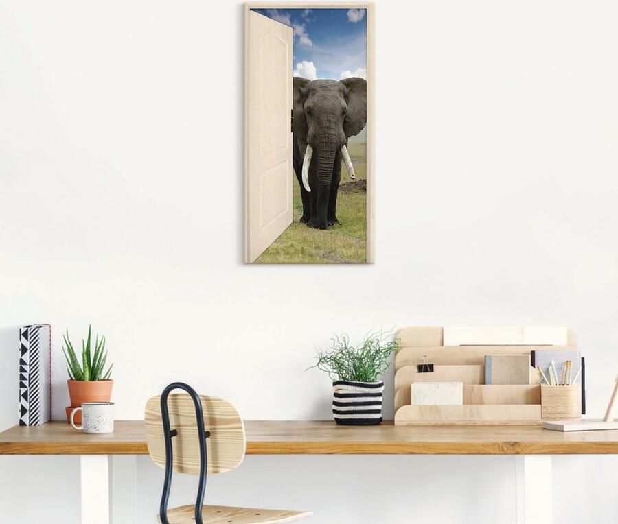 Artland Artprint Open witte deur met blik op olifant als artprint op linnen poster muursticker in verschillende maten - Foto 4