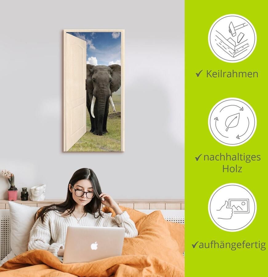 Artland Artprint Open witte deur met blik op olifant als artprint op linnen poster muursticker in verschillende maten - Foto 2