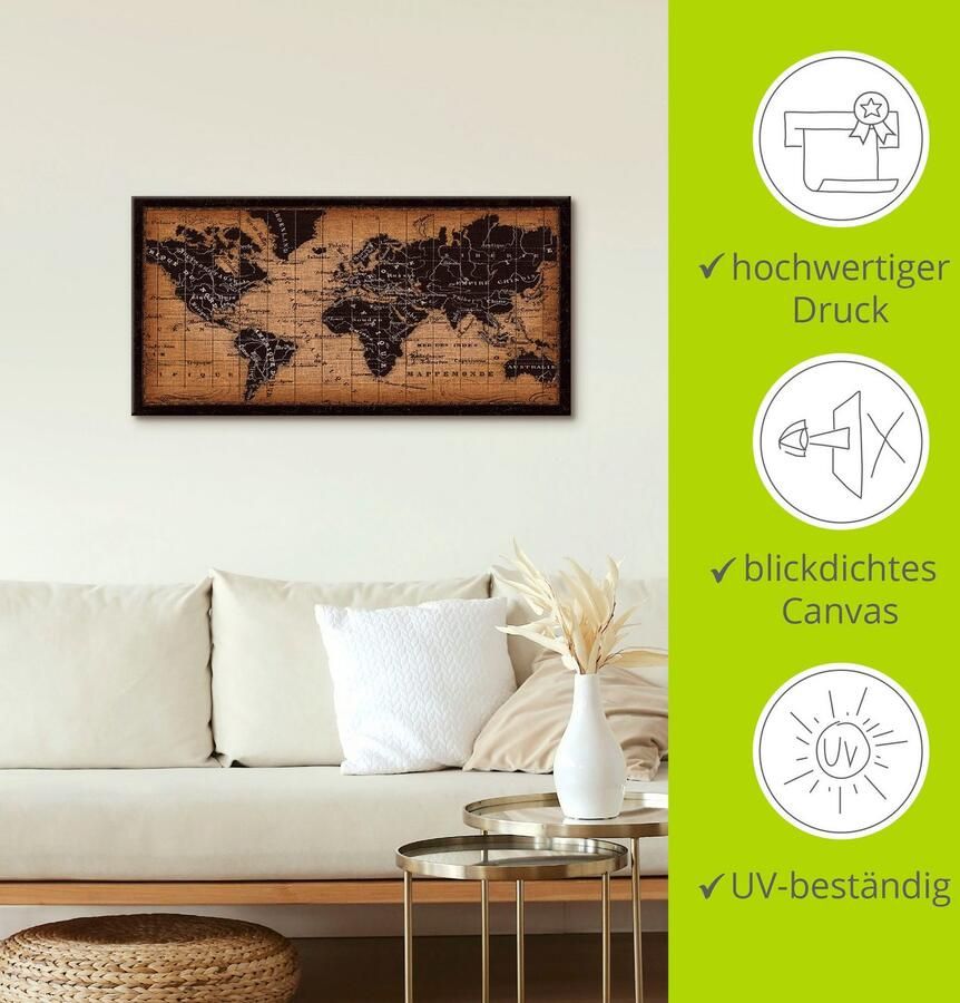 Artland Artprint Oude wereldkaart als artprint op linnen poster muursticker in verschillende maten - Foto 2