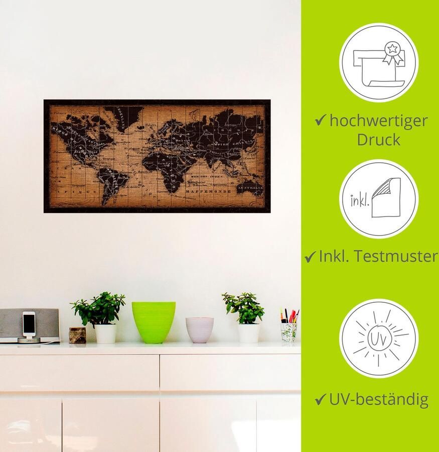 Artland Artprint Oude wereldkaart als artprint op linnen poster muursticker in verschillende maten - Foto 2