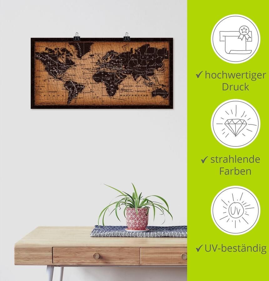 Artland Artprint Oude wereldkaart als artprint op linnen poster muursticker in verschillende maten - Foto 3