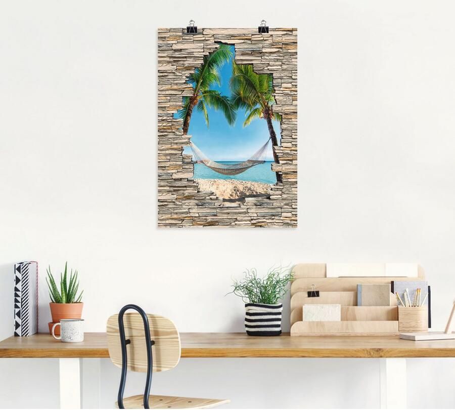 Artland Artprint Palm Beach Caribische hangmat steen als artprint van aluminium artprint voor buiten poster in diverse formaten - Foto 4