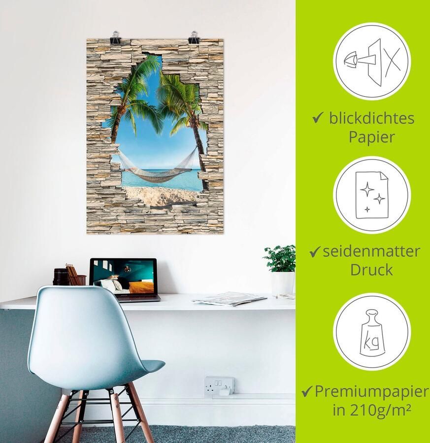 Artland Artprint Palm Beach Caribische hangmat steen als artprint van aluminium artprint voor buiten poster in diverse formaten - Foto 2