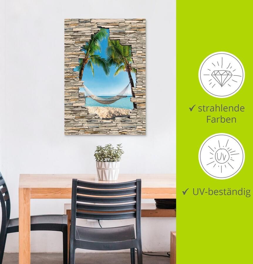 Artland Artprint Palm Beach Caribische hangmat steen als artprint van aluminium artprint voor buiten poster in diverse formaten - Foto 3