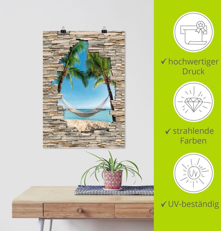 Artland Artprint Palm Beach Caribische hangmat steen als artprint van aluminium artprint voor buiten poster in diverse formaten - Foto 3