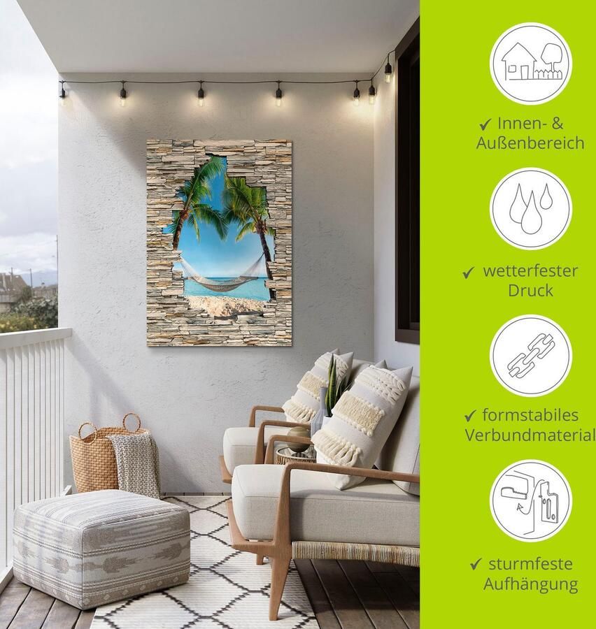 Artland Artprint Palm Beach Caribische hangmat steen als artprint van aluminium artprint voor buiten poster in diverse formaten - Foto 4