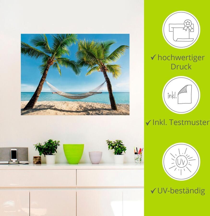 Artland Artprint Palmenstrand Caribic met hangmat als artprint op linnen poster muursticker in verschillende maten - Foto 3