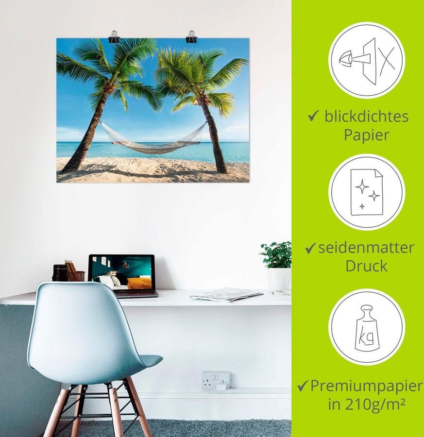 Artland Artprint Palmenstrand Caribic met hangmat als artprint op linnen poster muursticker in verschillende maten - Foto 3