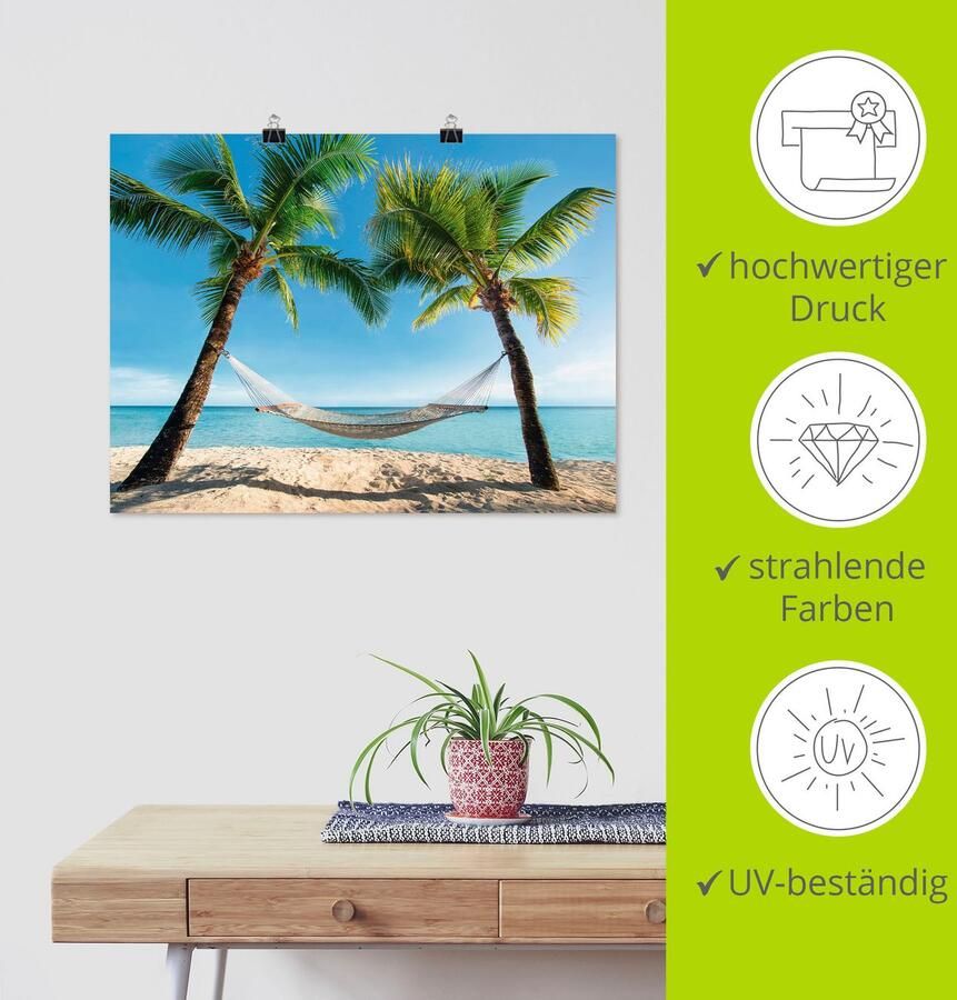 Artland Artprint Palmenstrand Caribic met hangmat als artprint op linnen poster muursticker in verschillende maten - Foto 4