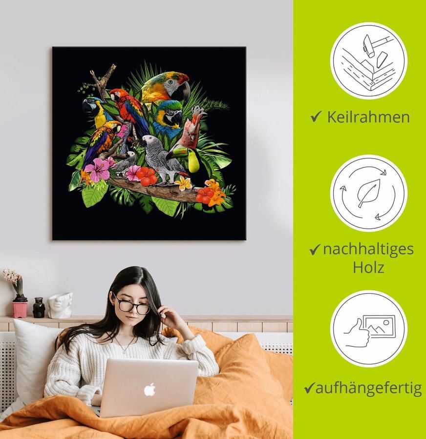 Artland Artprint Papegaaien Grijze Papegaai Kaketoe Jungle als artprint van aluminium artprint voor buiten artprint op linnen poster muursticker - Foto 3