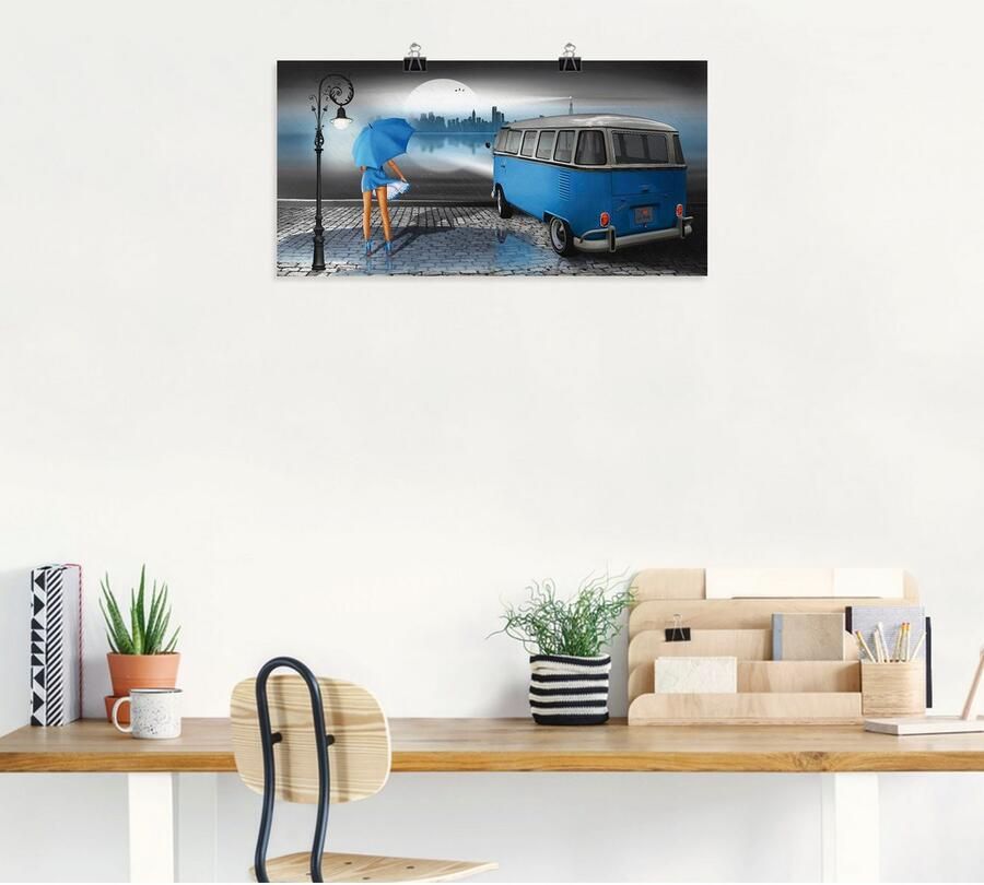 Artland Artprint Regennacht in blauw met Bulli T1 als artprint op linnen poster muursticker in verschillende maten - Foto 5