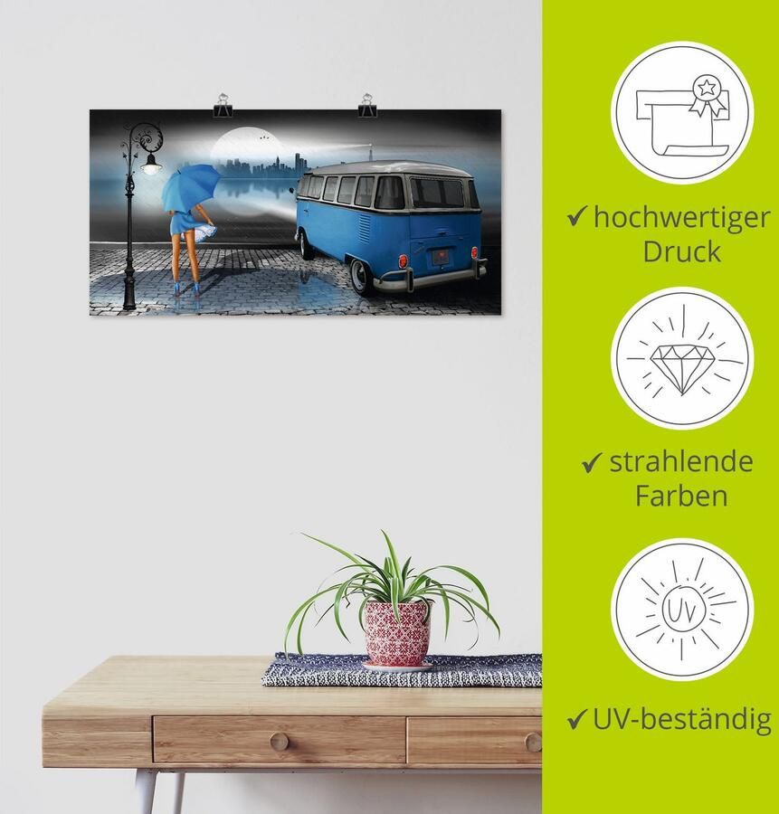 Artland Artprint Regennacht in blauw met Bulli T1 als artprint op linnen poster muursticker in verschillende maten - Foto 4