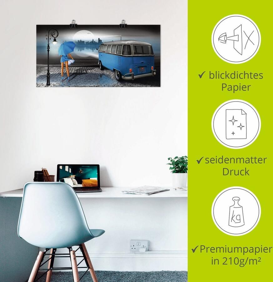 Artland Artprint Regennacht in blauw met Bulli T1 als artprint op linnen poster muursticker in verschillende maten - Foto 3
