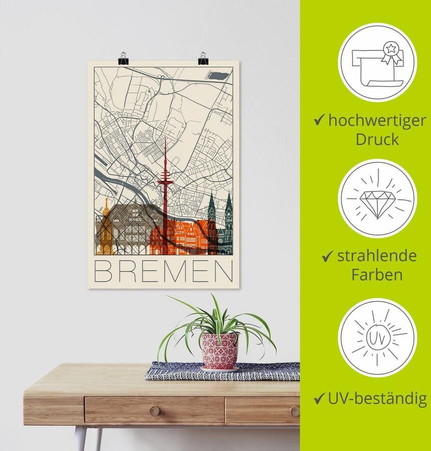 Artland Artprint Retro kaart Bremen als artprint van aluminium artprint voor buiten poster in diverse formaten - Foto 3