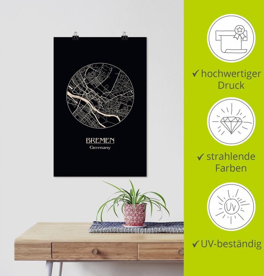 Artland Artprint Retro kaart Bremen Duitsland cirkel als artprint op linnen poster in verschillende formaten maten - Foto 3