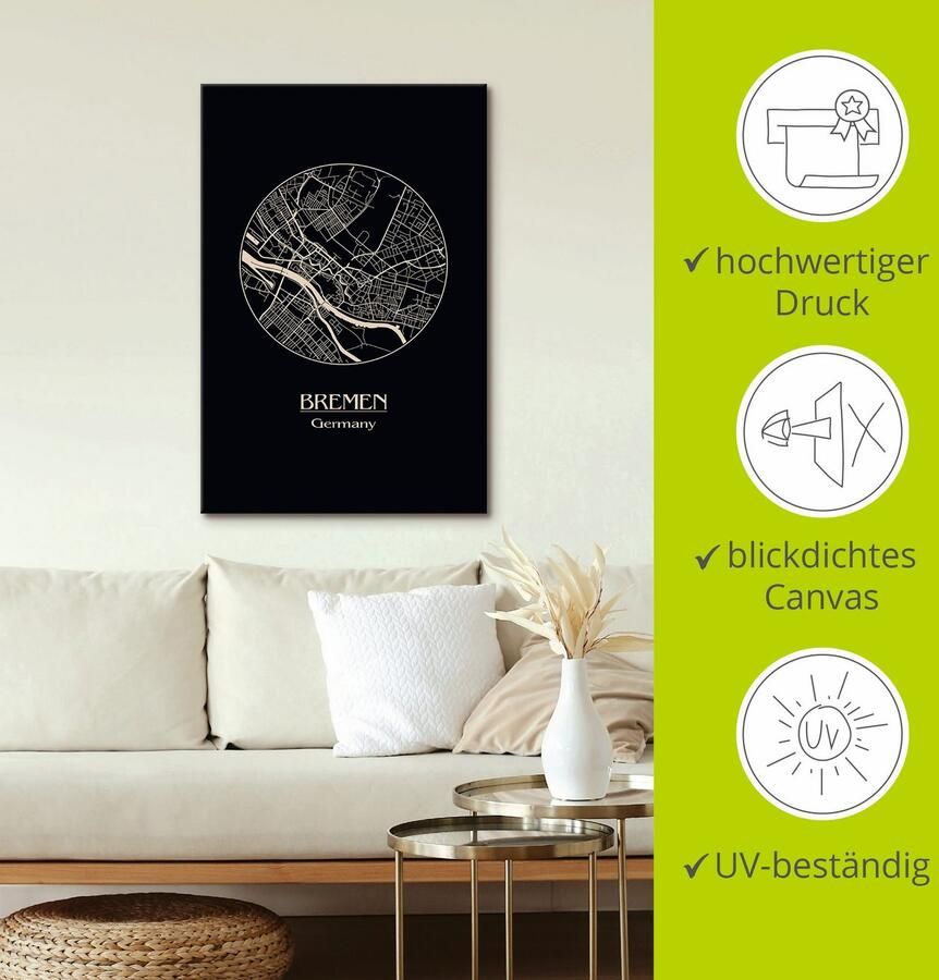 Artland Artprint Retro kaart Bremen Duitsland cirkel als artprint op linnen poster in verschillende formaten maten - Foto 2