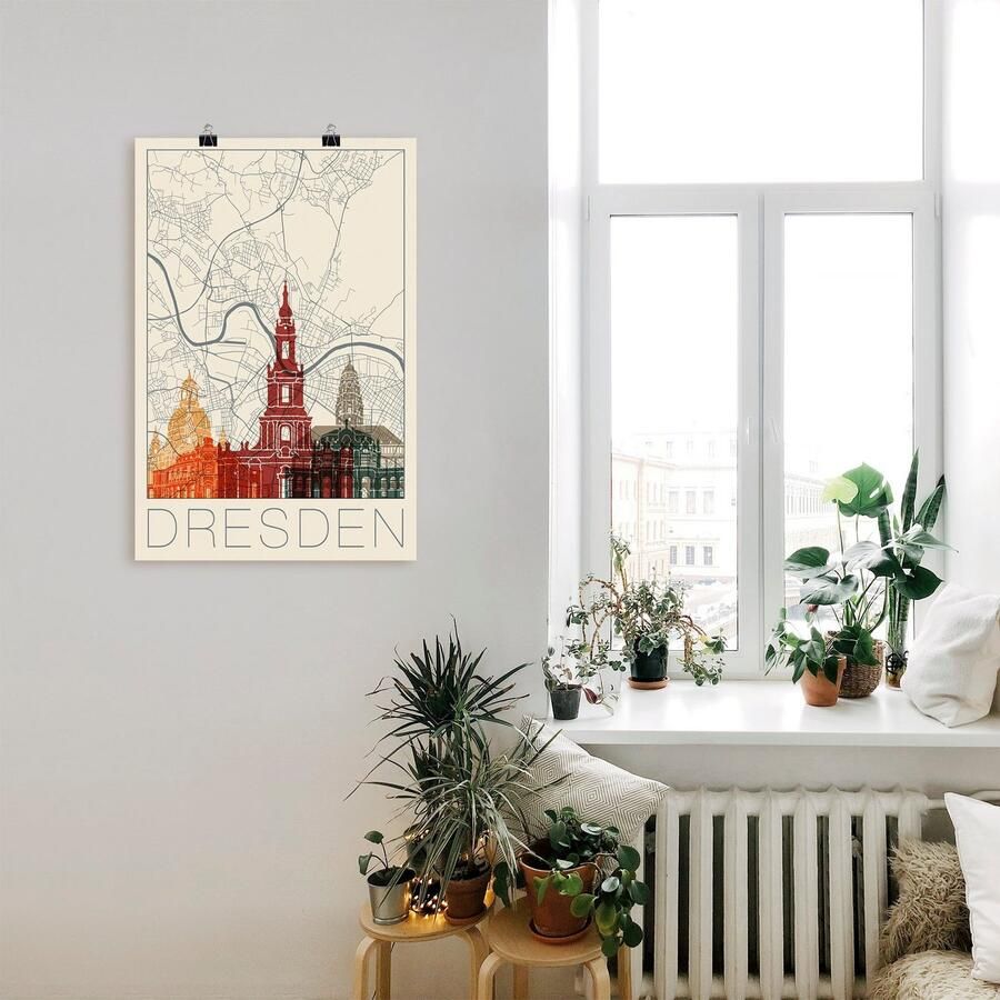 Artland Artprint Retro kaart Dresden als artprint van aluminium artprint op linnen muursticker of poster in verschillende maten