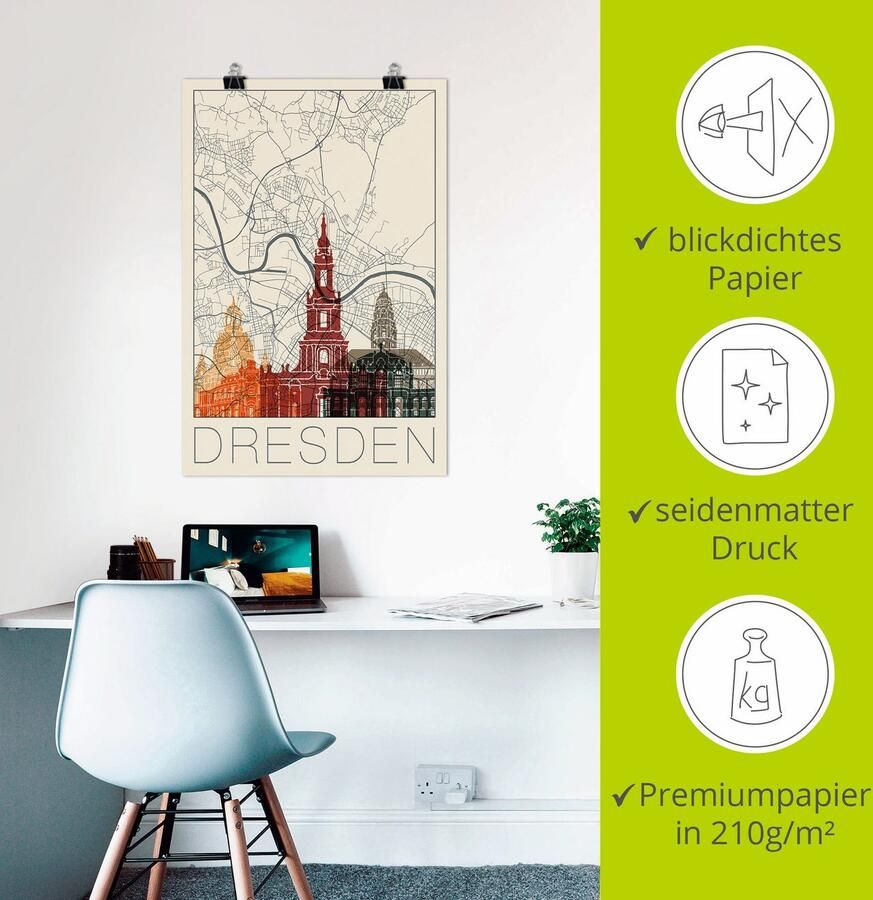 Artland Artprint Retro kaart Dresden als artprint van aluminium artprint op linnen muursticker of poster in verschillende maten - Foto 2
