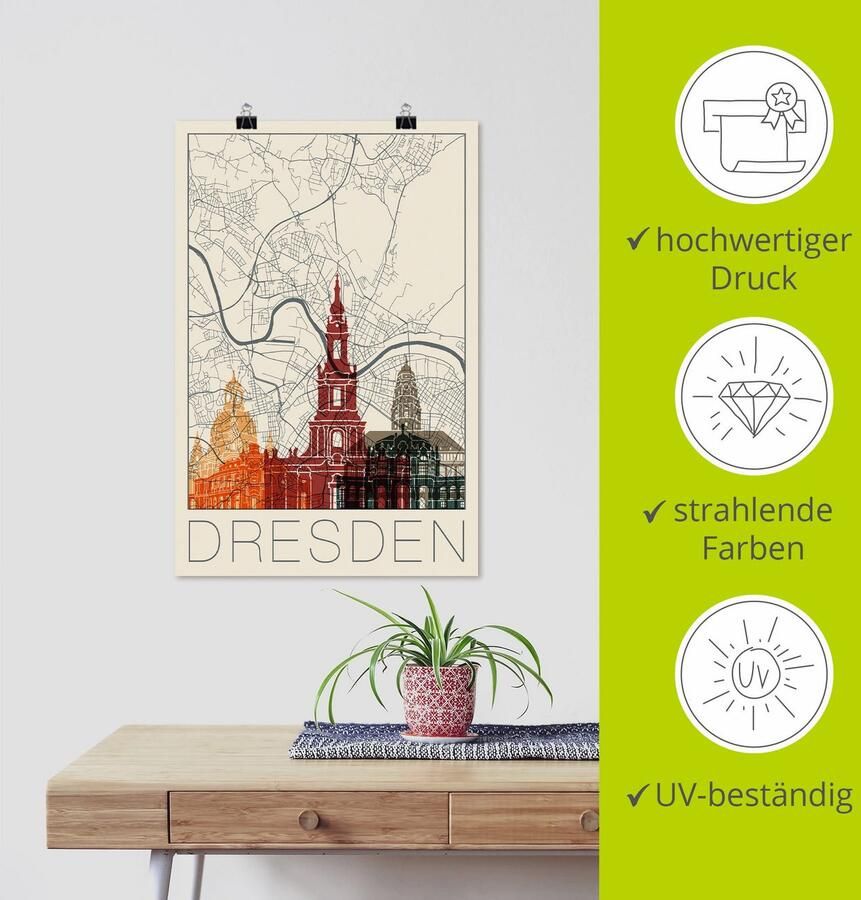 Artland Artprint Retro kaart Dresden als artprint van aluminium artprint op linnen muursticker of poster in verschillende maten - Foto 3