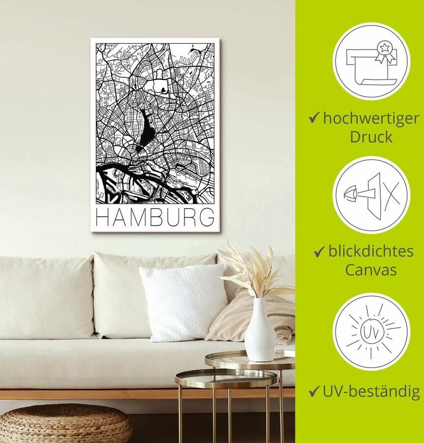 Artland Artprint Retro kaart Hamburg Duitsland als artprint op linnen poster in verschillende formaten maten - Foto 2
