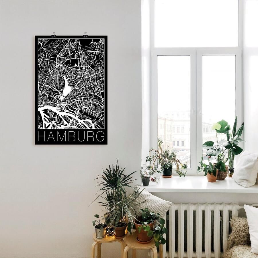 Artland Artprint Retro kaart Hamburg Duitsland zwart als artprint van aluminium artprint voor buiten artprint op linnen poster in verschillende maten. maten - Foto 2