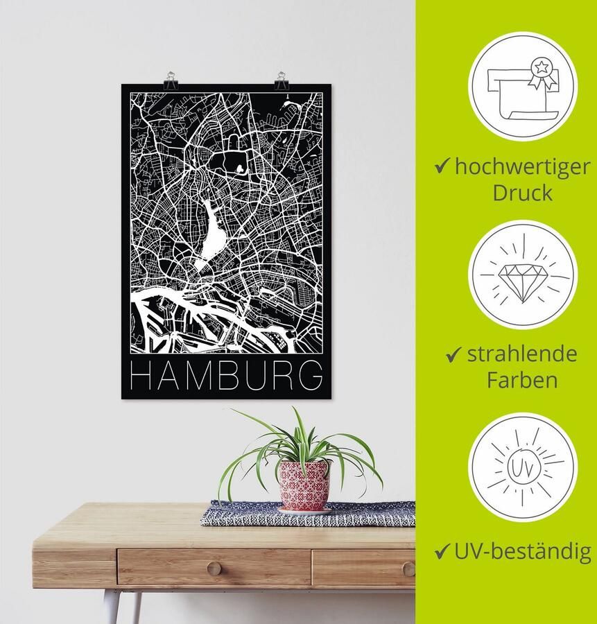 Artland Artprint Retro kaart Hamburg Duitsland zwart als artprint van aluminium artprint voor buiten artprint op linnen poster in verschillende maten. maten - Foto 4