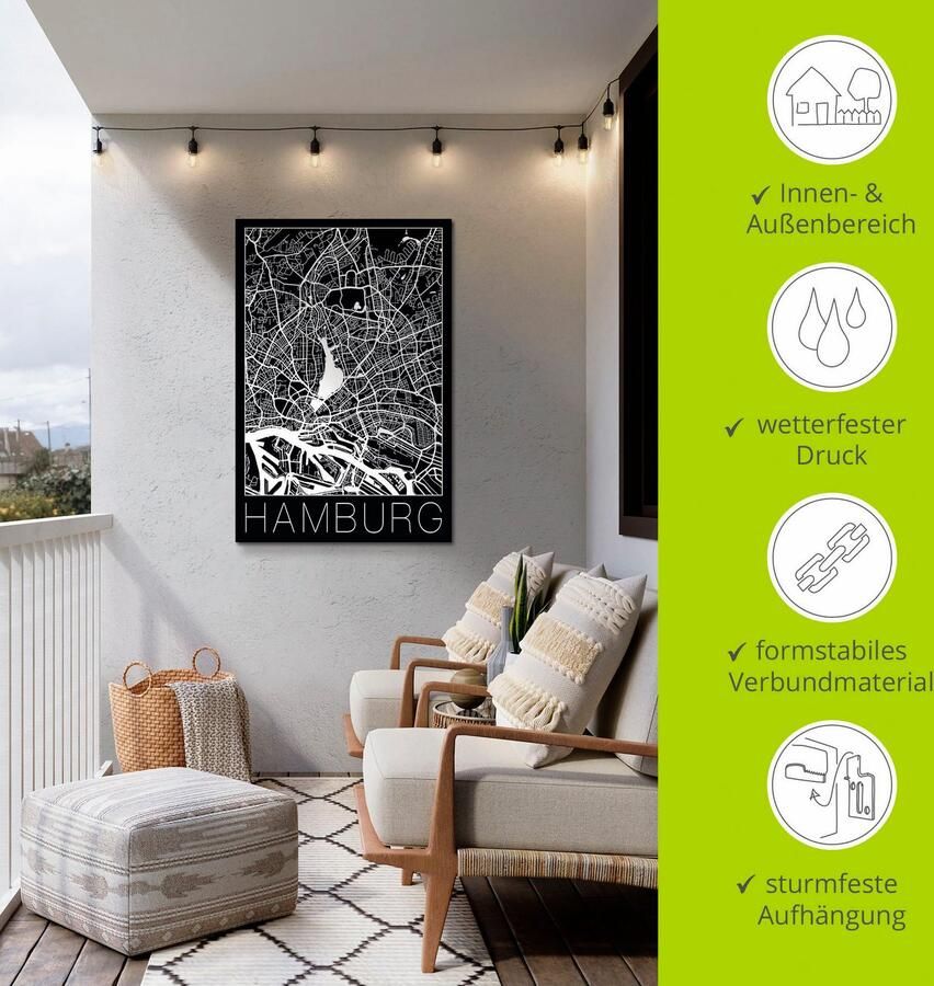 Artland Artprint Retro kaart Hamburg Duitsland zwart als artprint van aluminium artprint voor buiten artprint op linnen poster in verschillende maten. maten - Foto 3