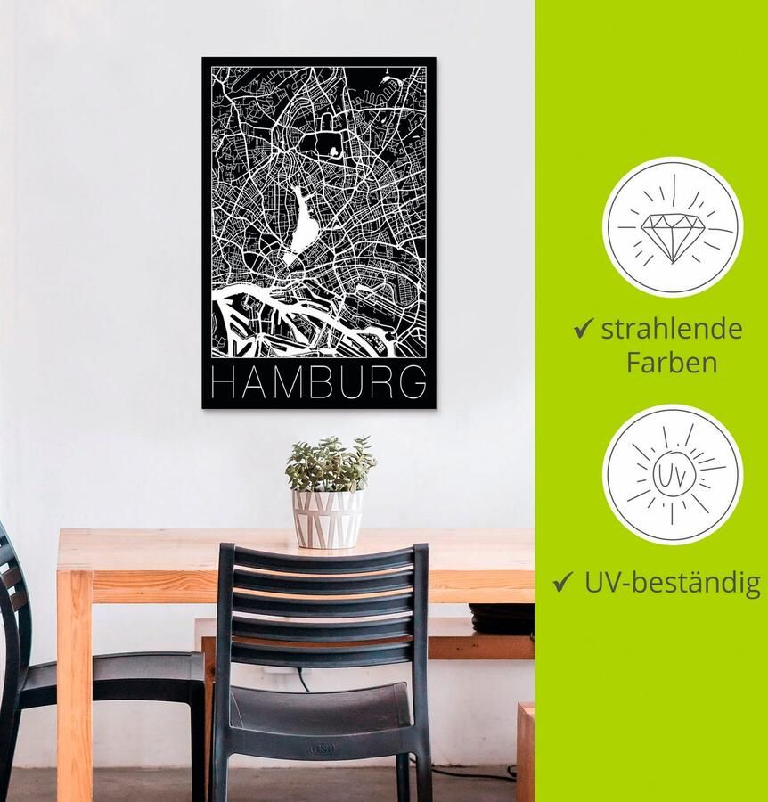 Artland Artprint Retro kaart Hamburg Duitsland zwart als artprint van aluminium artprint voor buiten artprint op linnen poster in verschillende maten. maten - Foto 2