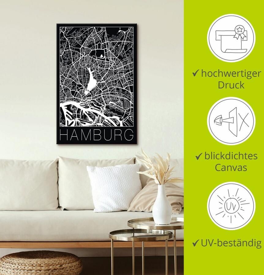 Artland Artprint Retro kaart Hamburg Duitsland zwart als artprint van aluminium artprint voor buiten artprint op linnen poster in verschillende maten. maten - Foto 3