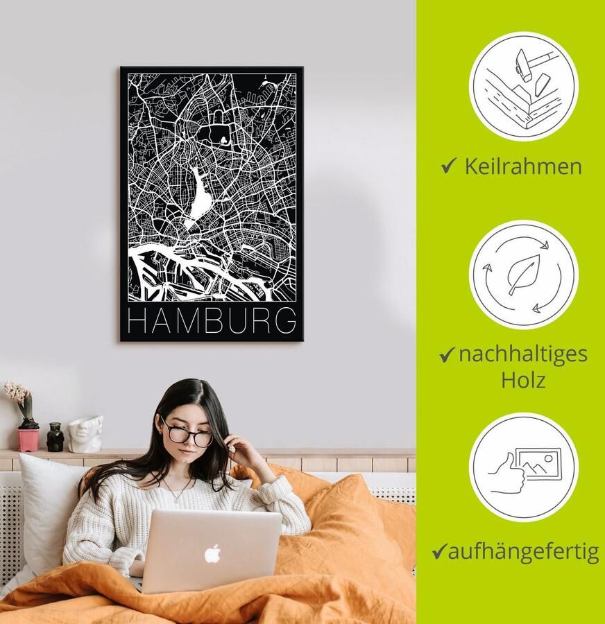 Artland Artprint Retro kaart Hamburg Duitsland zwart als artprint van aluminium artprint voor buiten artprint op linnen poster in verschillende maten. maten - Foto 2