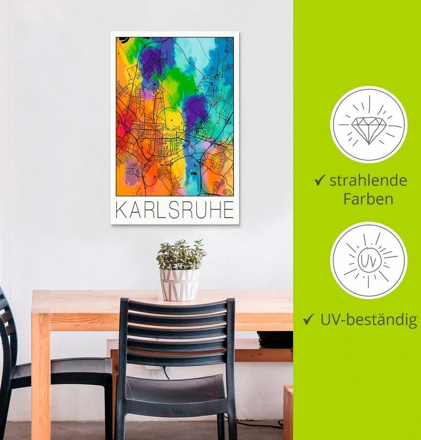 Artland Artprint Retro kaart Karlsruhe aquarel als artprint van aluminium artprint voor buiten poster in diverse formaten - Foto 2